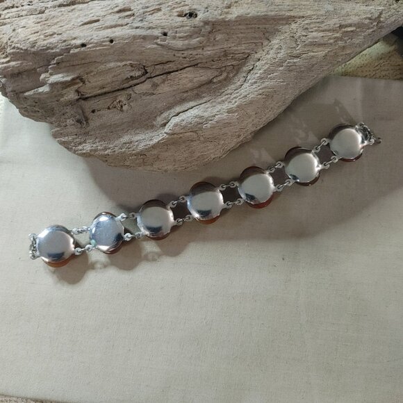 Silvertone Carnelian Agate looking Amber Link Bracelet Oval Cabochons Vintage - Picture 12 of 12